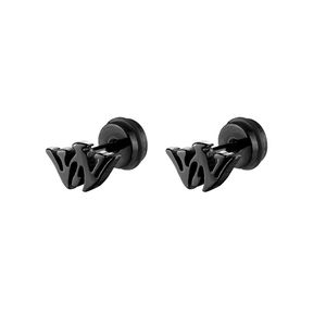 Unisex black matte stainless steel letter W stud earrings with screw back design