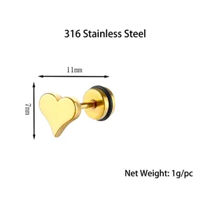 Clou d'oreille cœur en acier inoxydable 316 doré avec fermoir à vis et taille 11mm