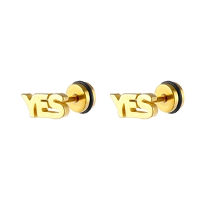 Detailed macro view of gold-plated stainless steel YES letter stud earrings for women