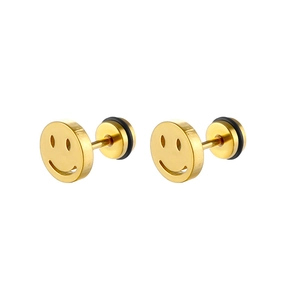 Detailed view of golden stainless steel stud earrings with a hollow smiley face design