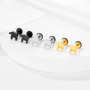Three pairs of punk stainless steel stud earrings in black, gold, and silver finishes