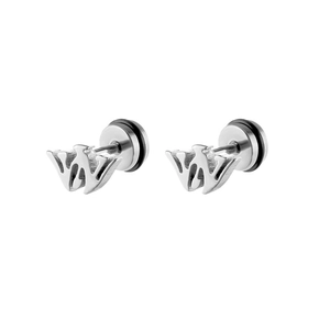 Detail of silver stainless steel W-shaped stud earrings with barbell back and black rubber rings