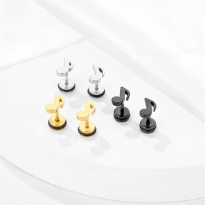 Musical note stud earrings in silver, gold, and black stainless steel for a hip-hop look