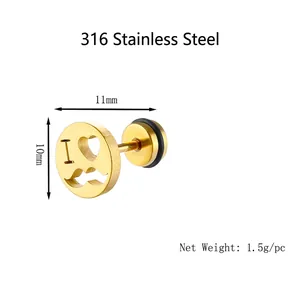 Polished 316L stainless steel gold round earrings with heart and mustache cutouts