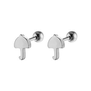 Close-up of silver umbrella stud earrings with secure screw back closure design