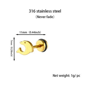 Vue détaillée de la boucle d'oreille dauphin dorée en acier inoxydable 316L avec dimensions