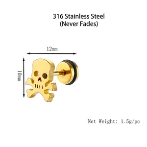 Vintage golden skull stud earring made of 316 stainless steel with polished finish
