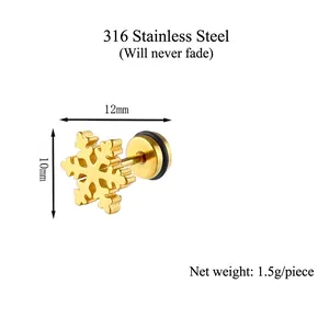 Puce d'oreille flocon en acier inoxydable doré 316, détails de 10mm de haut et 12mm de large