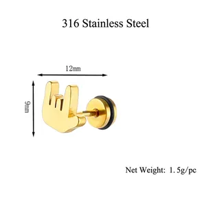 Gold-plated 316L stainless steel rock gesture stud earring with smooth metallic finish
