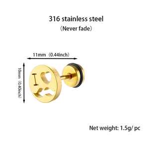Detailed view of 316L stainless steel gold stud earring with heart and mustache cutouts