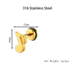 Golden music note stud earring in 316 stainless steel for men and women minimalist design