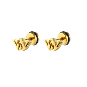 Detailed view of gold letter W stud earrings with secure screw-on backs and black seals