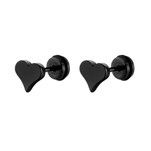 Vue détaillée des boucles d'oreilles cœur noires en acier inox avec fermoir à vis