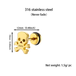 Detailed view of 316L stainless steel skull stud earring with 1.5g net weight info