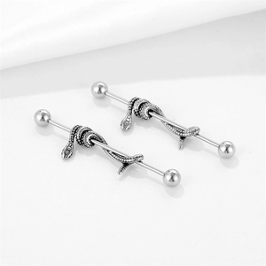 Vintage stainless steel snake industrial barbell earrings with snake scale details