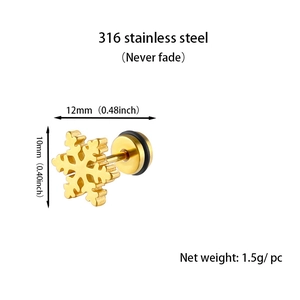 Détails de la boucle d'oreille flocon en acier inoxydable doré, dimensions 12mm x 10mm