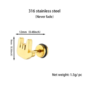 Detailed dimensions of a golden rock gesture stud earring made of 316 stainless steel