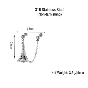 Mens stainless steel chain link earring with cone pendant in minimalist street style