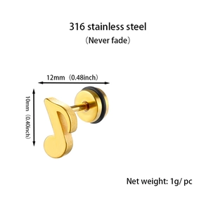Macro view of gold eighth note stud earring in 316 stainless steel with size dimensions
