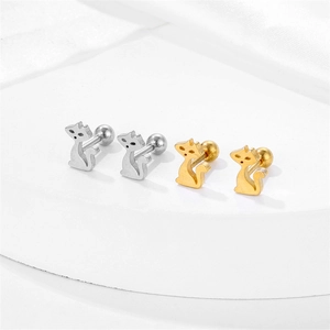 Minimalist stainless steel cat stud earrings in polished gold and silver finishes