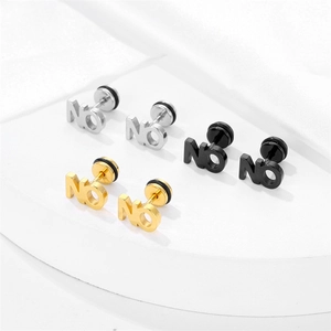 Boucles d'oreilles clous NO en acier titane style punk, coloris argent, or et noir