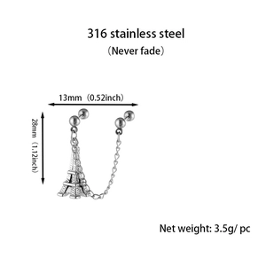 Polished 316L stainless steel hoop earrings featuring chain and Eiffel Tower pendant