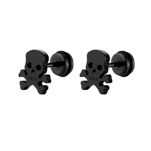 Vintage black stainless steel skull stud earrings for men with punk rock streetwear style