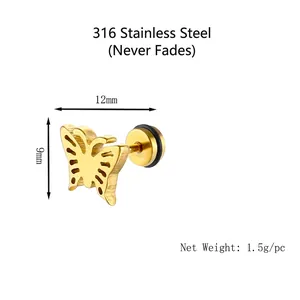 Fashionable gold butterfly stud earring in 316 stainless steel with a matte metal finish
