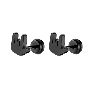 Matte black stainless steel punk rock hand gesture earrings for men on white background