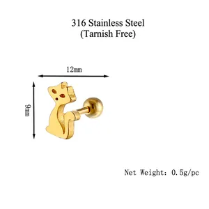 Minimalist 316 stainless steel cat earrings in gold finish with 12mm size dimensions