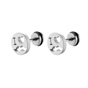 Macro detail of titanium steel earrings with hollow heart and mustache pattern engraved