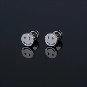 Minimalist stainless steel smiley face stud earrings with symmetrical reflection on black