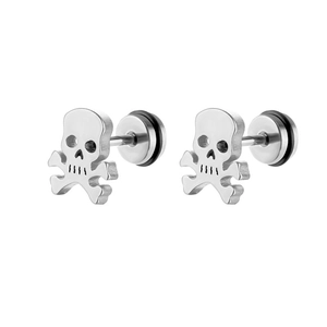 Macro detail of gothic skull crossbones earrings in polished stainless steel