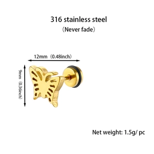 Macro detail of 316 stainless steel golden butterfly stud earring with size dimensions