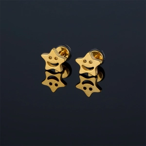 Boucles d'Oreilles Clous Étoile Visage Souriant en Acier Inoxydable Bijoux d'Oreille Pentagramme Creux Géométrique Unisexe Style Hip Hop Punk