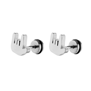 Macro detail of silver stainless steel rock sign stud earrings with polished metal finish