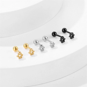 Titanium steel hexagram star ear studs in gold, silver and black finish on white steps