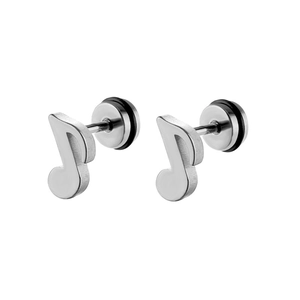 Macro detail of music note earrings with screw back design in polished stainless steel