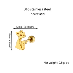 Detailed 316L stainless steel cat silhouette stud earring with dimensions and weight