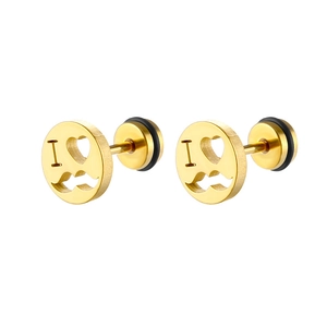 Detailed close-up of golden round stud earrings featuring cutout heart and mustache icons