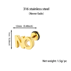 Vue détaillée de la boucle d'oreille lettre NO en acier 316 avec ses dimensions