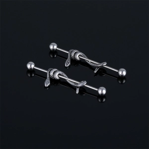 Punk 316 Stainless Steel Snake Wrap Industrial Barbell Earrings Retro Gothic Dark Style Ear Bone Stud For Men Women Unisex Jewelry