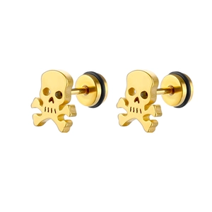 Detail of skull stud earrings in gold finish with screw back and black rubber gaskets