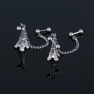Stainless Steel Eiffel Tower Double Piercing Chain Stud Earrings Hip Hop Street Style Silver Tassel Earrings For Men Women Jewelry
