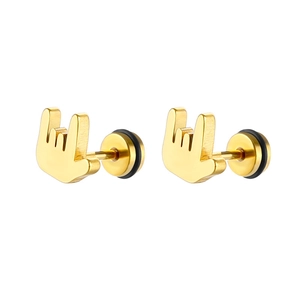 Detail of gold punk rock hand gesture stud earrings with brushed stainless steel finish