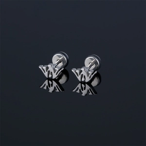 Polished stainless steel letter W crown stud earrings with high gloss finish