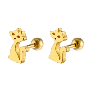 Minimalist gold cat stud earrings in stainless steel with secure screw back closure