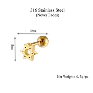 Golden 316L stainless steel hexagram stud earring with measurements 12mm length