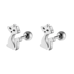Minimalist silver cat earrings with ball back screw and brushed metal texture detail