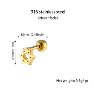 Detail of 316L stainless steel gold hexagram stud earrings with ball back closure